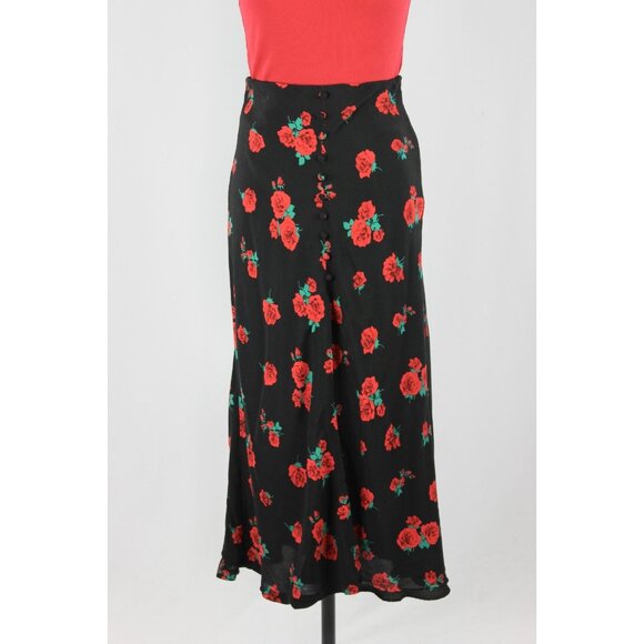 ZARA Black Rose Print Button Front A-Line Midi Slip Skirt, Size XS - Picture 2 of 13